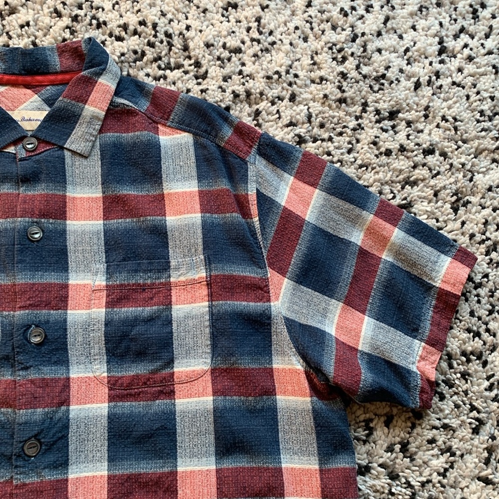 Tommy Bahama 100% Silk Shirt Blue Red Plaid Short Sleeve Button Up Men's Medium - Picture 8 of 15